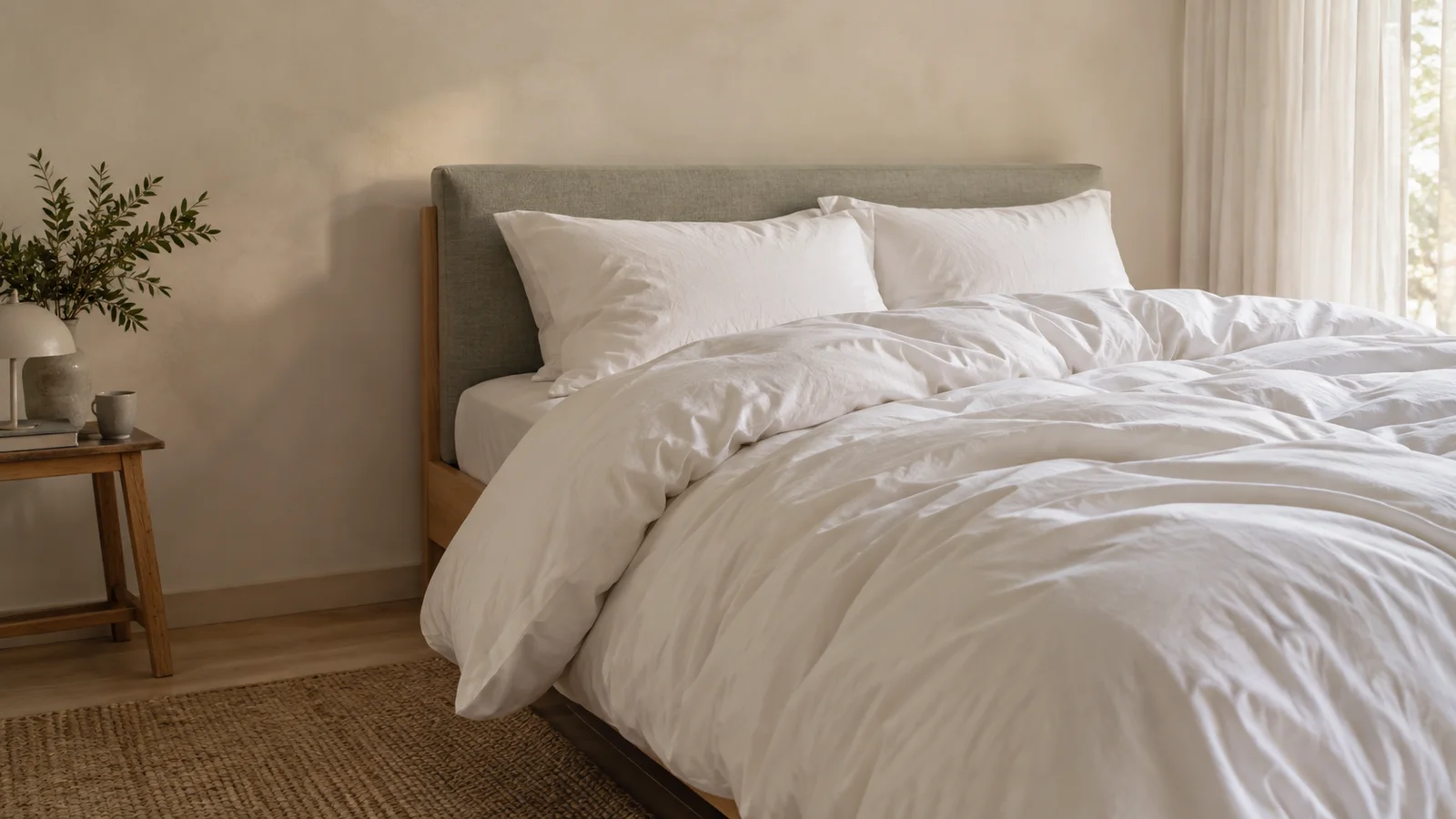 A light bedroom with a fluffy white duvet and fresh pillows.