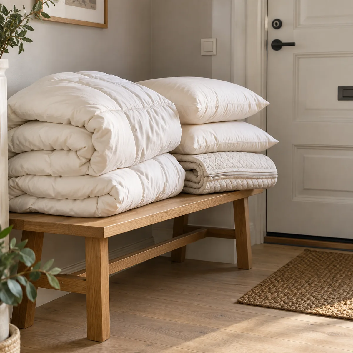 Duvets, pillows and a folded mattress cover ready for collection on a bench beside the front door.