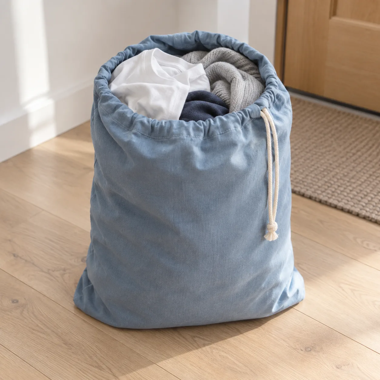 An open blue drawstring laundry bag filled with everyday clothes, ready for pickup by the front door