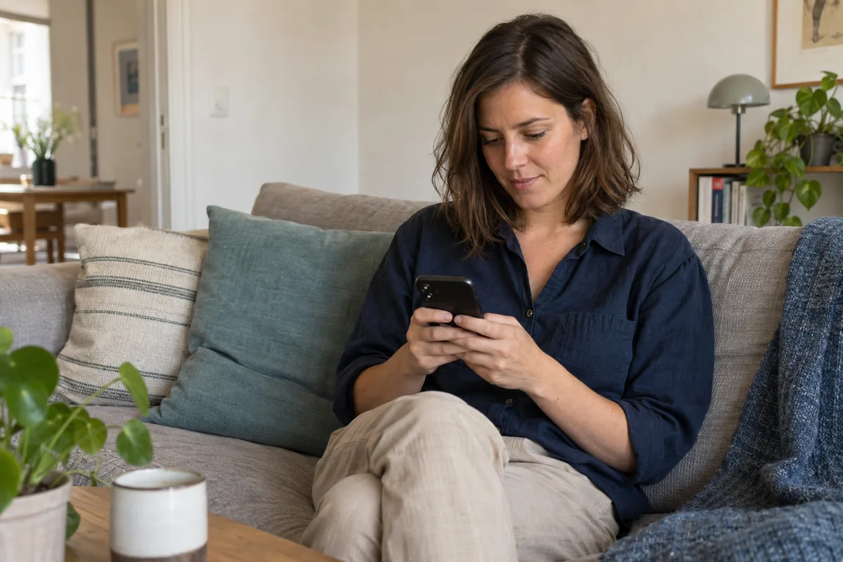 A woman on a sofa using her phone to book a laundry pickup online