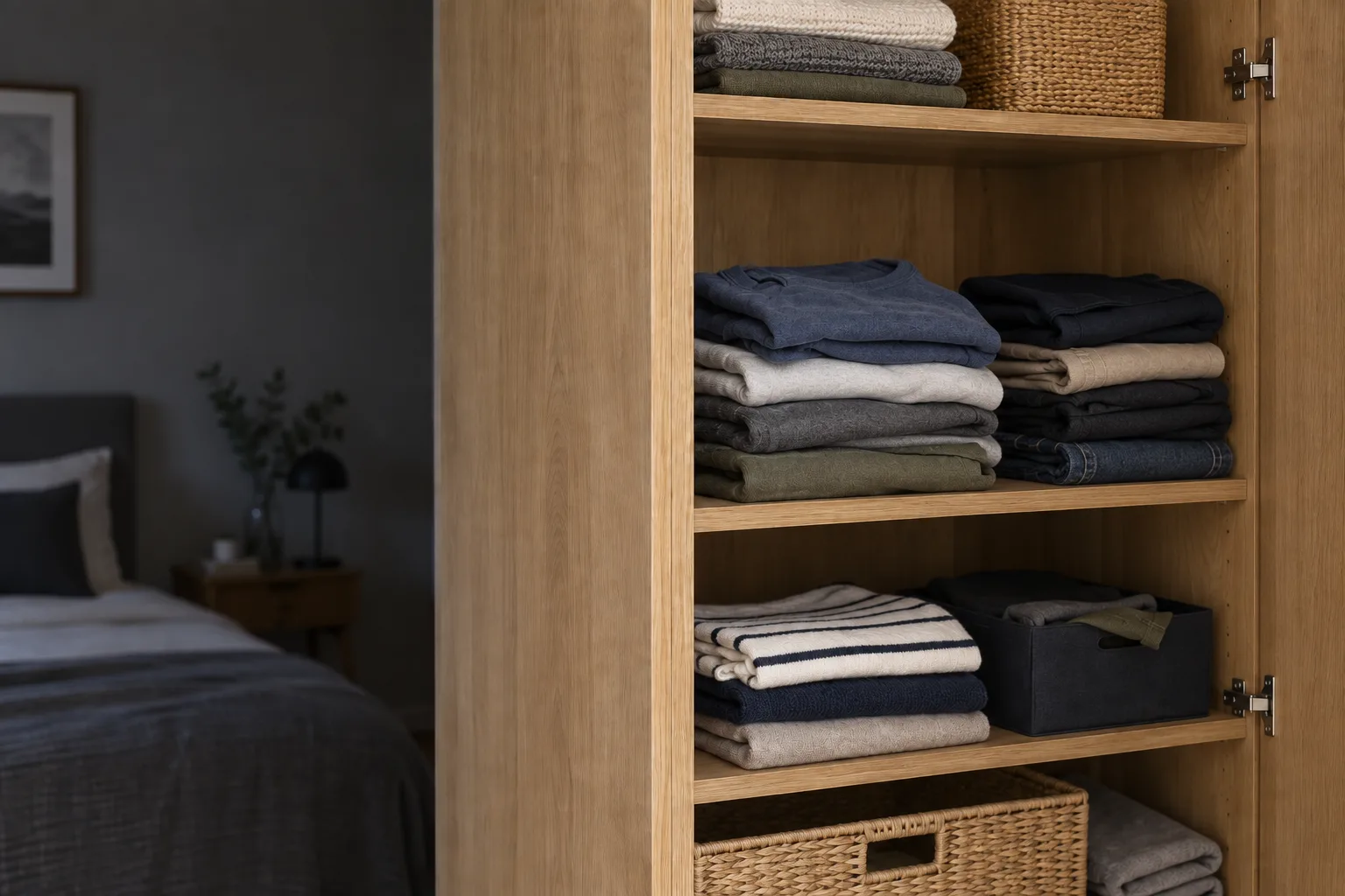 Everyday clothes casually folded on shelves in an open wooden wardrobe