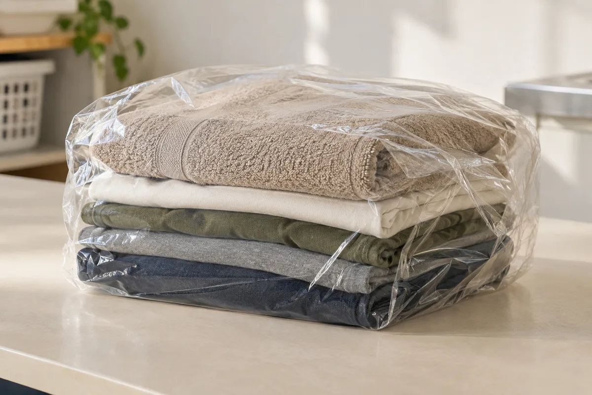 Folded clothes and a towel wrapped in clear film, ready for delivery
