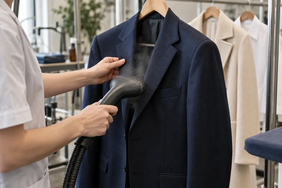 A jacket being professionally steamed at a dry cleaner