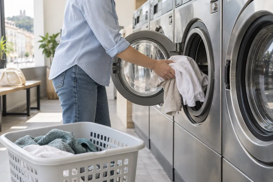 A customer loading a washing machine at a self-service laundromat